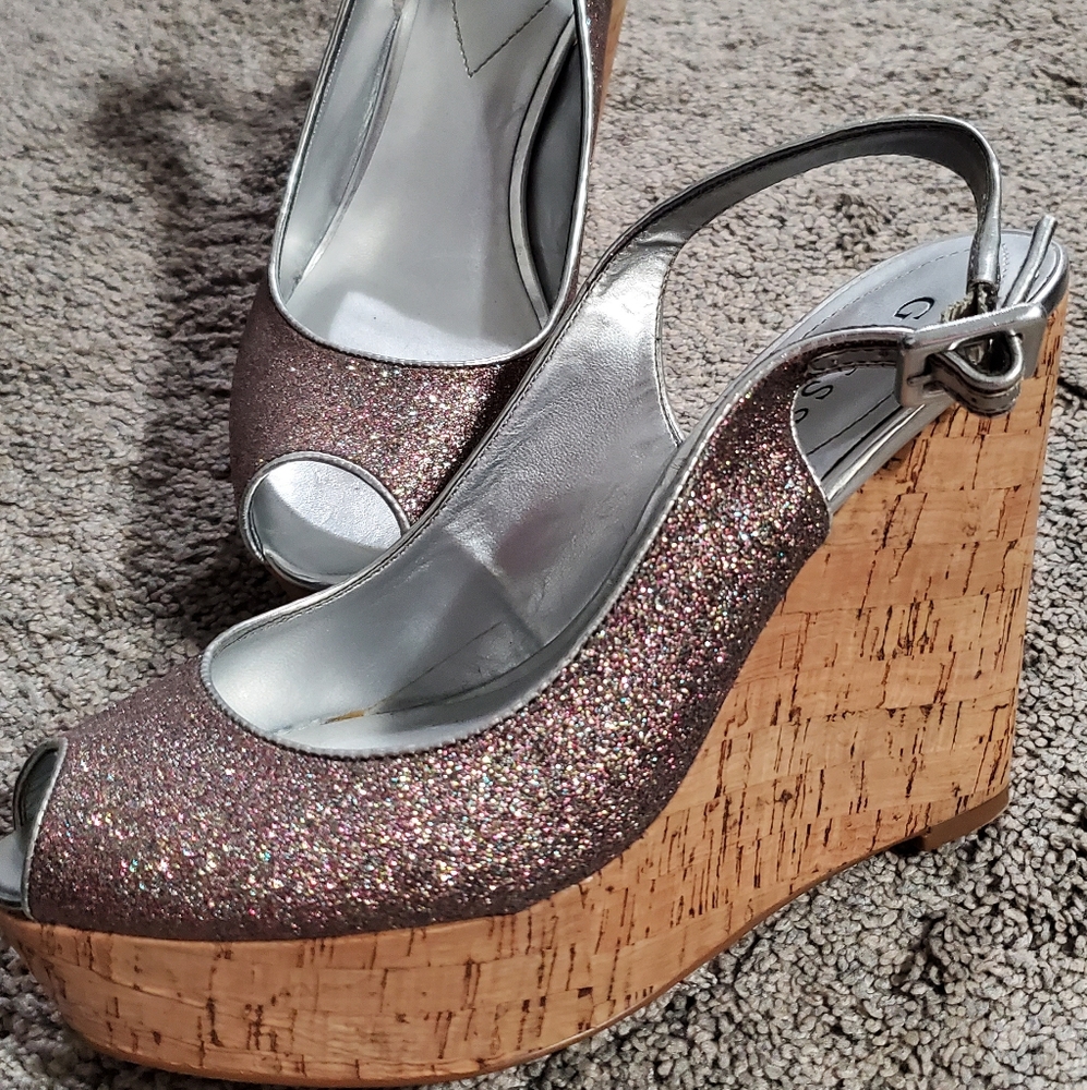 Guess Sparkle Peeptoe Cork Wedge
